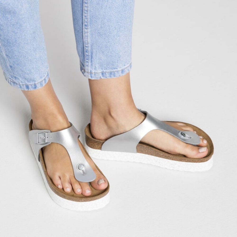 Birkenstock Papillio Gizeh Platform Birko-Flor Monochrome Marble Silver Sandals